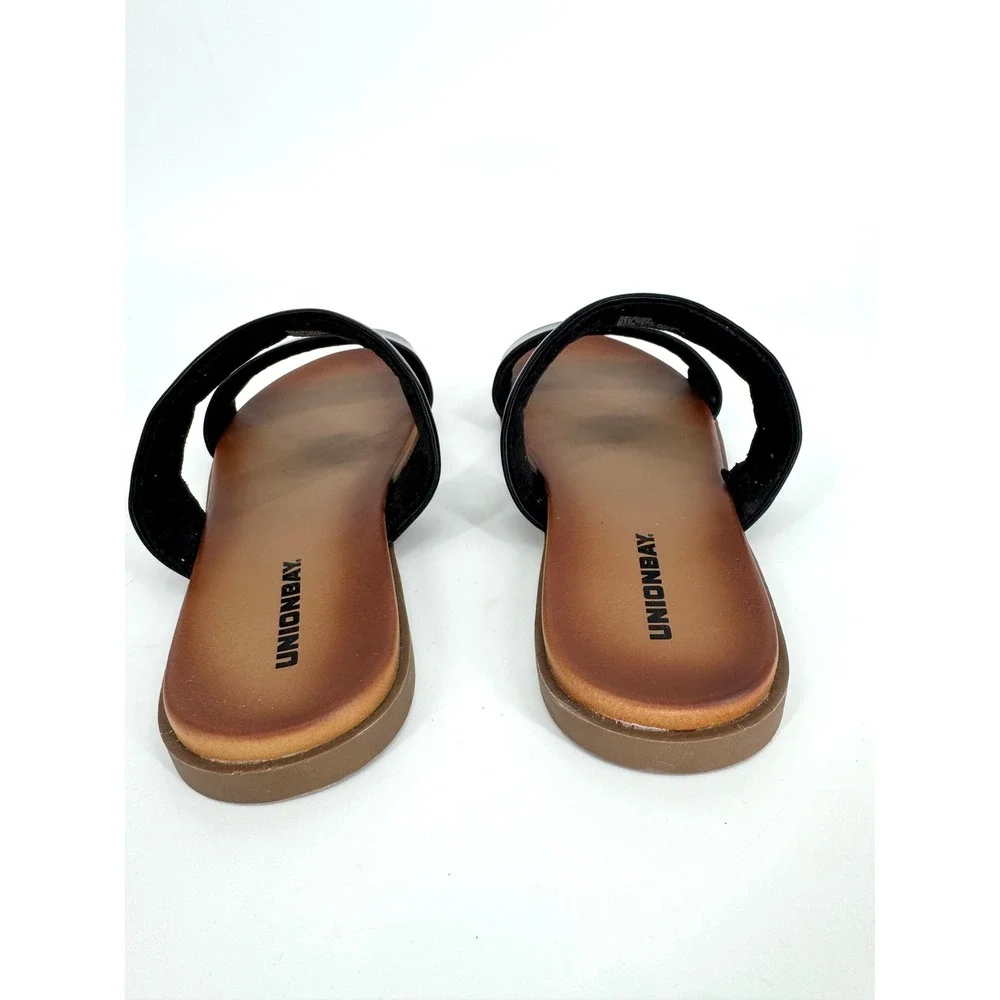 Unionbay Refresh Black Two Strap Slide Sandals Womens 9 Flat Brown Sole